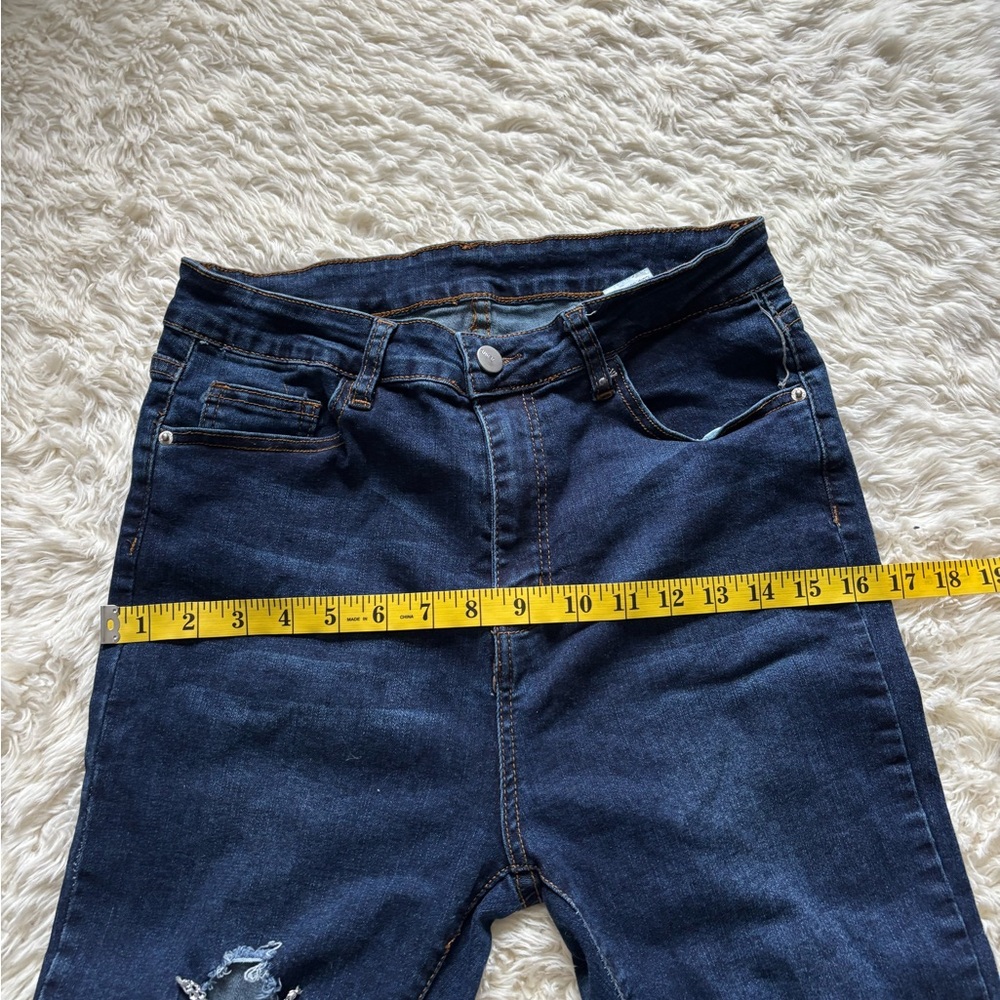 SHEIN Dark Blue Distressed Skinny Jeans With Chains - Picture 5 of 12